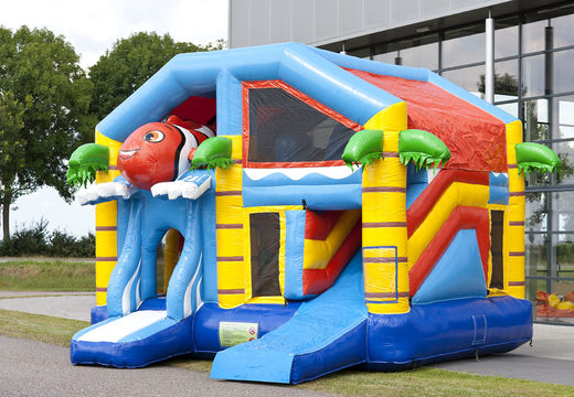 Multiplay bounce house with slide in clownfish theme for children. Buy inflatable bounce houses online at JB Inflatables America