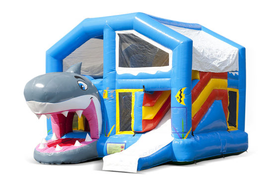 Buy an inflatable indoor multiplay bouncy castle with slide in the shark theme for children. Order inflatable bouncy castles online at JB Inflatables America