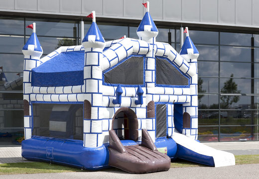 Medium inflatable multiplay bounce house with slide in castle theme for children. Order inflatable bounce houses online at JB Inflatables America