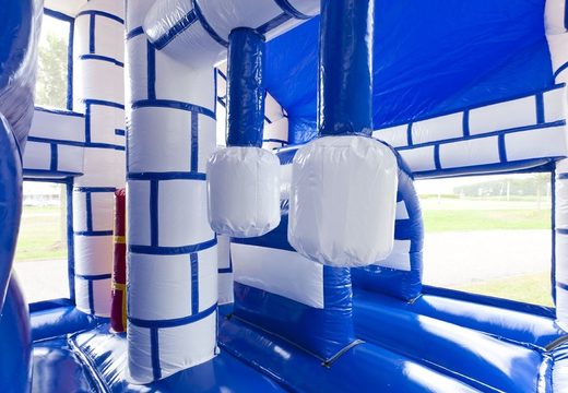 Bu a medium inflatable castle themed bouncer with slide and pillars on the jumping surface for children. Order inflatable bouncers online at JB Inflatables America