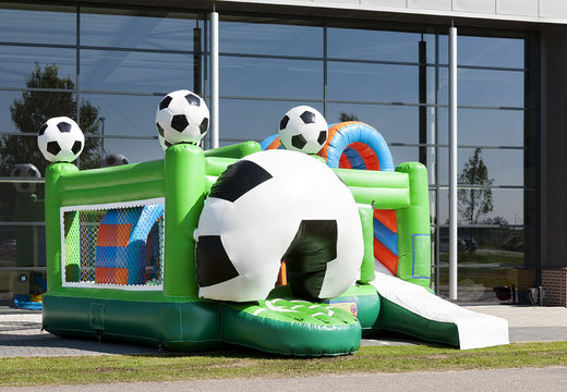 Medium inflatable multiplay bounce house in soccer theme for children. Order inflatable bounce houses online at JB Inflatables America
