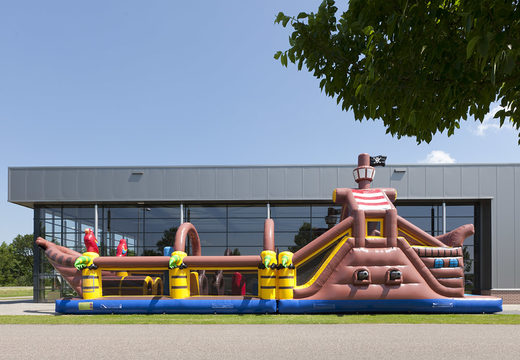 Pirate run 17m obstacle course with 7 game elements and colorful objects for kids. Buy inflatable obstacle courses online now at JB Inflatables America