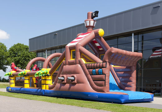 Order a 17 meter wide unique pirate themed obstacle course with 7 game elements and colorful objects for children. Buy inflatable obstacle courses online now at JB Inflatables America