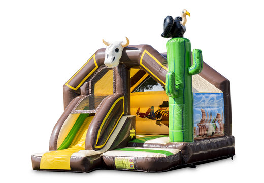 Buy a small indoor inflatable multiplay bounce house with slide in a cowboy western theme for children. Order now inflatable bounce houses with slide at JB Inflatables America
