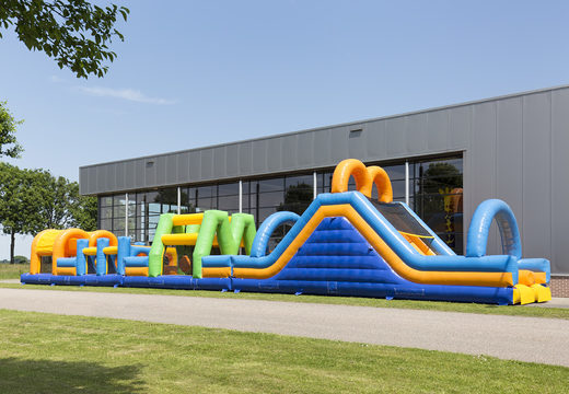 Order an inflatable 27 meter long double obstacle course in cheerful colors for kids. Buy inflatable obstacle courses online now at JB Inflatables America