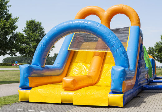 Order an obstacle course in cheerful colors in a length of 27 meters for kids. Buy inflatable obstacle courses online now at JB Inflatables America