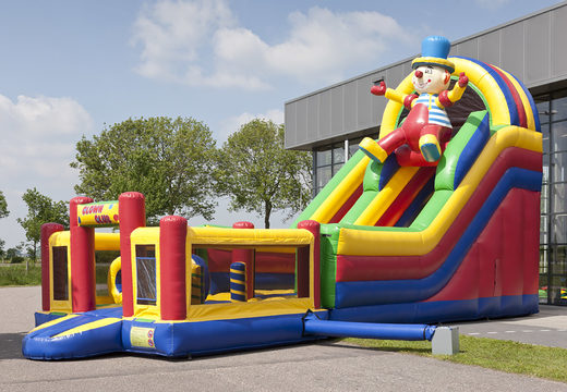 Buy unique inflatable slide in the theme of clown with a splash pool, impressive 3D object, fresh colors and the 3D obstacles for children. Order inflatable slides now online at JB Inflatables America
