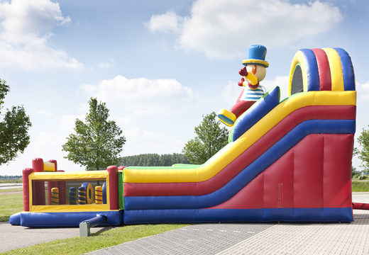 Order an inflatable multifunctional slide in a clown theme with a splash pool, impressive 3D object, fresh colors and the 3D obstacles for children. Buy inflatable slides now online at JB Inflatables America