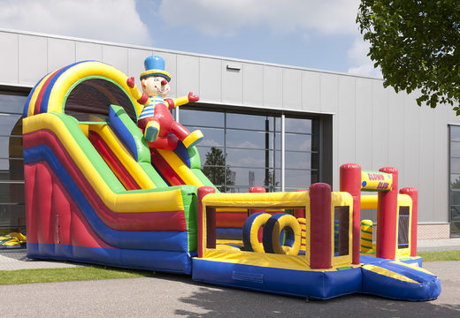 Inflatable multifunctional slide in clown theme with a splash pool, impressive 3D object, fresh colors and the 3D obstacles for children. Order inflatable slides now online at JB Inflatables America