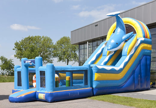 Unique inflatable slide with a dolphin theme with a splash pool, impressive 3D object, fresh colors and the 3D obstacles for children. Order inflatable slides now online at JB Inflatables America