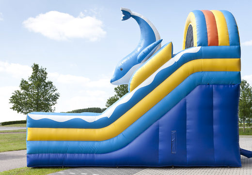 Dolphin theme multifunctional inflatable slide with a splash pool, impressive 3D object, fresh colors and the 3D obstacles for kids. Buy inflatable slides now online at JB Inflatables America