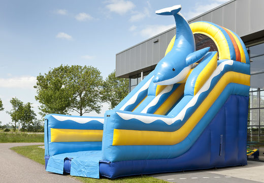 Unique multifunctional slide in a dolphin theme with a splash pool, impressive 3D object, fresh colors and the 3D obstacles for children. Buy inflatable slides now online at JB Inflatables America