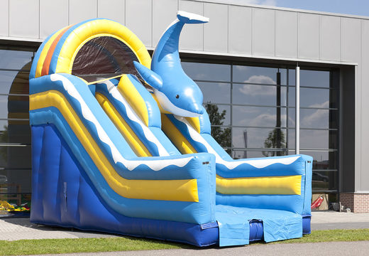 Multifunctional inflatable slide in the dolphin theme with a splash pool, impressive 3D object, fresh colors and the 3D obstacles for kids. Order inflatable slides now online at JB Inflatables America