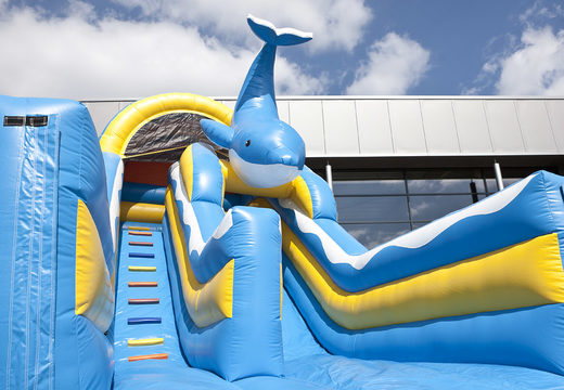 Inflatable multifunctional slide in a dolphin theme with a splash pool, impressive 3D object, fresh colors and the 3D obstacles for kids. Buy inflatable slides now online at JB Inflatables America