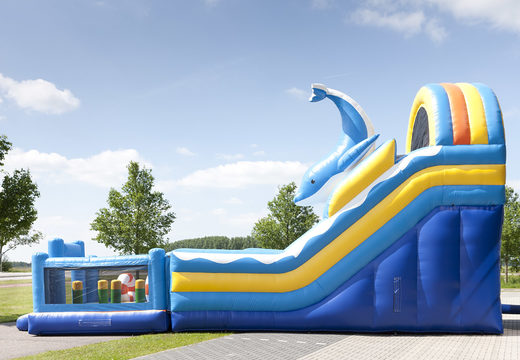 Dolphin themed multifunctional inflatable slide with a splash pool, impressive 3D object, fresh colors and the 3D obstacles for kids. Order inflatable slides now online at JB Inflatables America