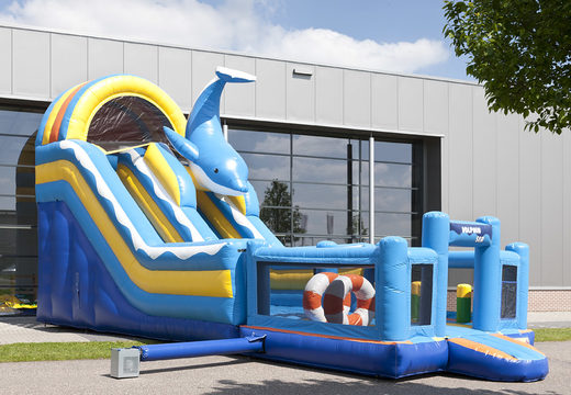 Multifunctional inflatable slide in a dolphin theme with a splash pool, impressive 3D object, fresh colors and the 3D obstacles for children. Buy inflatable slides now online at JB Inflatables America