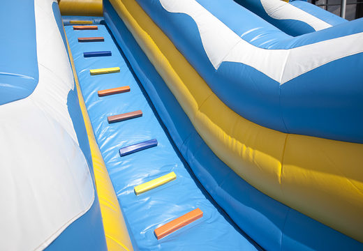 Multiplay inflatable slide in a dolphin theme with a splash pool, impressive 3D object, fresh colors and the 3D obstacle for children. Order inflatable slides now online at JB Inflatables America