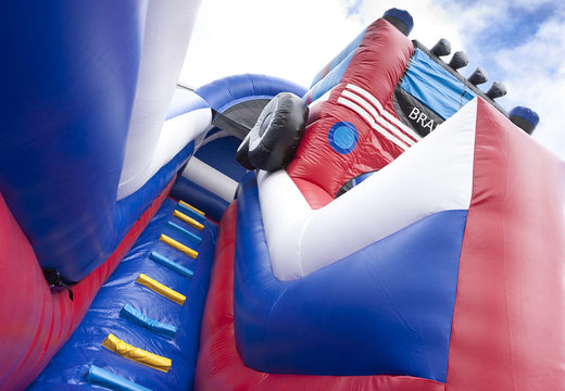 Unique multifunctional slide in fire department theme with a splash pool, impressive 3D object, fresh colors and the 3D obstacles for children. Buy inflatable slides now online at JB Inflatables America