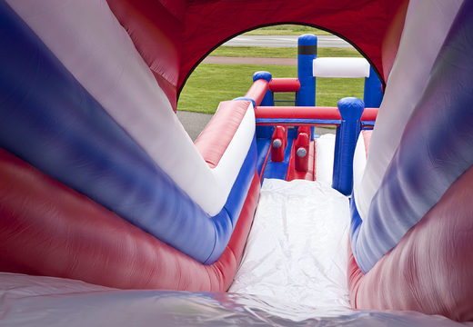 Multifunctional inflatable slide in the theme of the fire brigade with a splash pool, impressive 3D object, fresh colors and the 3D obstacles for kids. Order inflatable slides now online at JB Inflatables America
