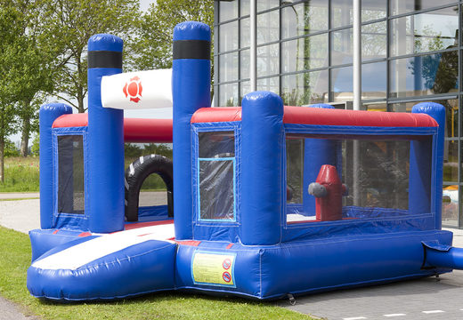 Order an inflatable multifunctional slide in the fire department theme with a splash pool, impressive 3D object, fresh colors and the 3D obstacles for kids. Buy inflatable slides now online at JB Inflatables America