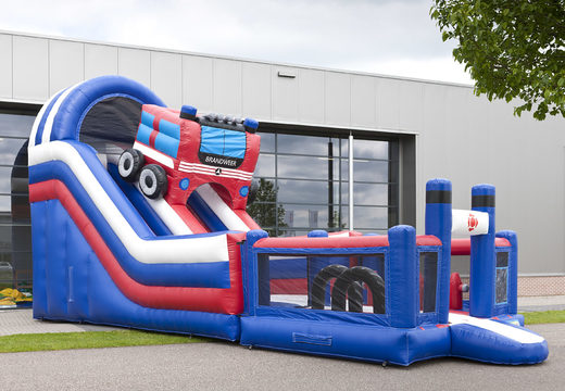The inflatable slide in a fire department theme with a splash pool, impressive 3D object, fresh colors and the 3D obstacles for kids. Buy inflatable slides now online at JB Inflatables America