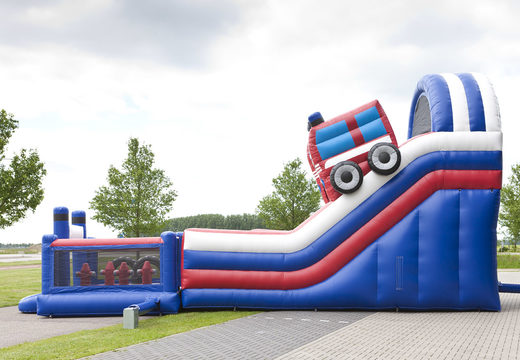 Buy a unique multifunctional inflatable slide in a fire department theme with a splash pool, impressive 3D object, fresh colors and the 3D obstacle for children. Order inflatable slides now online at JB Inflatables America
