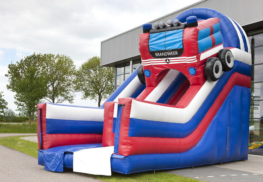 Get your inflatable multifunctional slide in the fire brigade theme with a splash pool, impressive 3D object, fresh colors and the 3D obstacles online now. Buy inflatable slides at JB Inflatables America