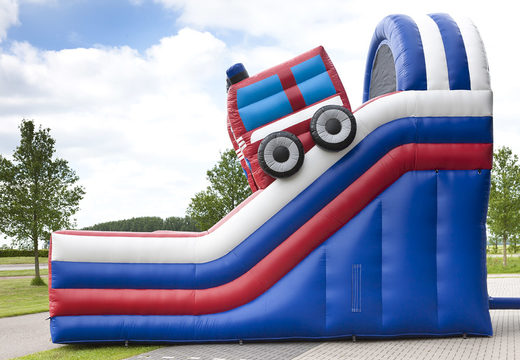 Multiplay inflatable slide in a fire department theme with a splash pool, impressive 3D object, fresh colors and the 3D obstacle for children. Order inflatable slides now online at JB Inflatables America