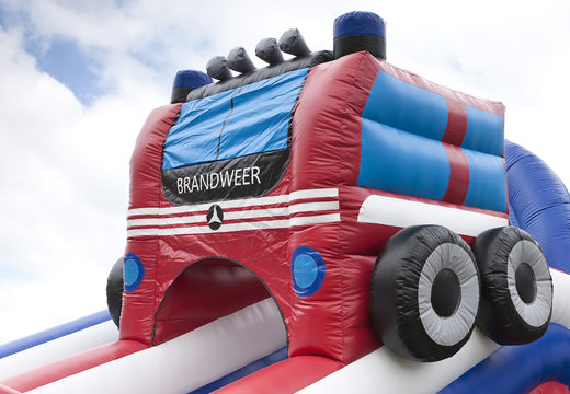 Inflatable slide in the theme of a fire brigade with a splash pool, impressive 3D object, fresh colors and the 3D obstacle for children. Order inflatable slides now online at JB Inflatables America