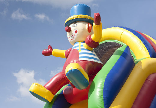 Buy a unique multifunctional clown themed inflatable slide with a splash pool, impressive 3D object, fresh colors and the 3D obstacle for children. Order inflatable slides now online at JB Inflatables America