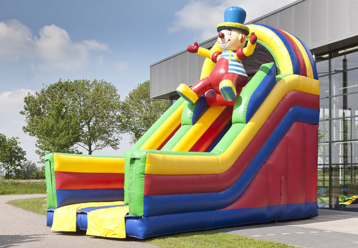 Clown themed inflatable slide with a splash pool, impressive 3D object, fresh colors and the 3D obstacles for kids. Order inflatable slides now online at JB Inflatables America