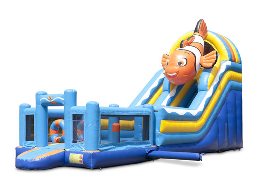 Multifunctional inflatable slide in clownfish theme with a splash pool, impressive 3D object, fresh colors and the 3D obstacles for children. Buy inflatable slides now online at JB Inflatables America