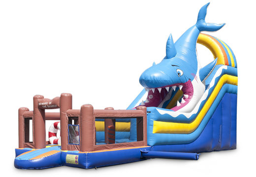 The inflatable shark-themed slide with a splash pool, impressive 3D object, fresh colors and the 3D obstacles ordered for kids. Buy inflatable slides now online at JB Inflatables America