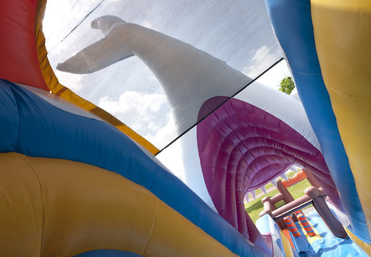 Large inflatable shark themed multifunctional slide with a splash pool, impressive 3D object, fresh colors and the 3D obstacles for kids. Order inflatable slides now online at JB Inflatables America