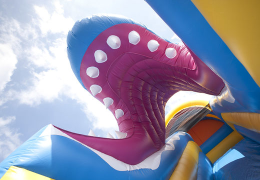 Unique multifunctional shark themed slide with a splash pool, impressive 3D object, fresh colors and the 3D obstacles for children. Buy inflatable slides now online at JB Inflatables America