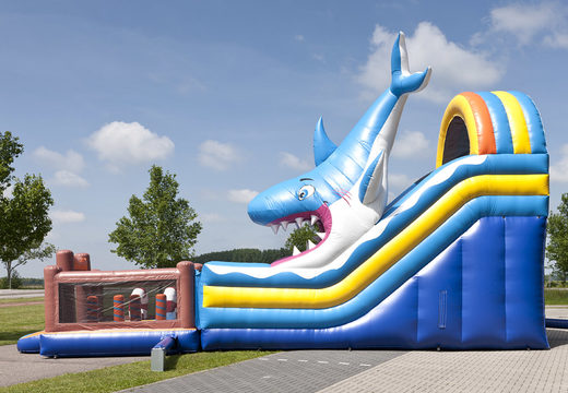 Multifunctional shark-themed inflatable slide with a splash pool, impressive 3D object, fresh colors and the 3D obstacles for children. Buy inflatable slides now online at JB Inflatables America