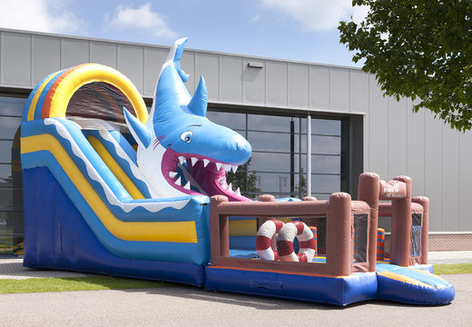 Unique shark-themed inflatable slide with a splash pool, impressive 3D object, fresh colors and the 3D obstacles for children. Order inflatable slides now online at JB Inflatables America