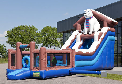 Multifunctional inflatable slide in polar bear theme with a splash pool, impressive 3D object, fresh colors and the 3D obstacles for children. Buy inflatable slides now online at JB Inflatables America