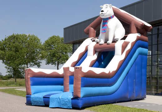 Inflatable multifunctional slide in a polar bear theme with a splash pool, impressive 3D object, fresh colors and the 3D obstacles for kids. Buy inflatable slides now online at JB Inflatables America
