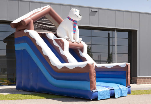 Buy a polar bear themed inflatable slide with a splash pool for kids. Order inflatable slides now online at JB Inflatables America