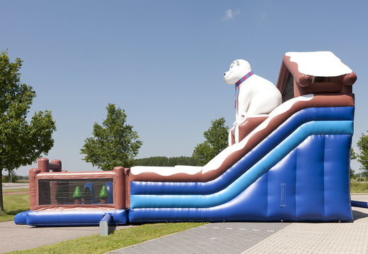 Inflatable multifunctional slide in polar bear theme with a splash pool, impressive 3D object, fresh colors and the 3D obstacles to buy for children. Order inflatable slides now online at JB Inflatables America