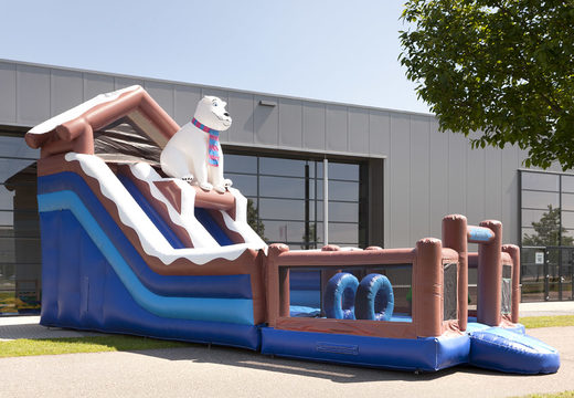 Unique inflatable slide with a polar bear theme with a splash pool, impressive 3D object, fresh colors and the 3D obstacles for children. Order inflatable slides now online at JB Inflatables America