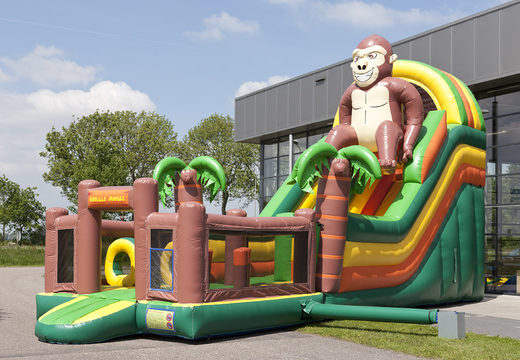 Multifunctional inflatable slide in gorilla theme with a splash pool, impressive 3D object, fresh colors and the 3D obstacles for children. Buy inflatable slides now online at JB Inflatables America