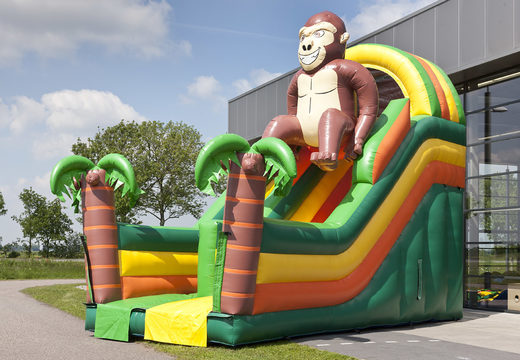 Large inflatable multifunctional slide in gorilla theme with a splash pool, impressive 3D object, fresh colors and the 3D obstacles for children. Order inflatable slides now online at JB Inflatables America