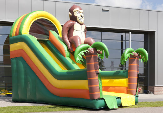 Unique multifunctional slide in gorilla theme with a splash pool, impressive 3D object, fresh colors and the 3D obstacles for children. Buy inflatable slides now online at JB Inflatables America