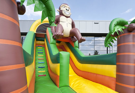Multifunctional inflatable slide in gorilla theme with a splash pool, impressive 3D object, fresh colors and the 3D obstacles for kids. Order inflatable slides now online at JB Inflatables America