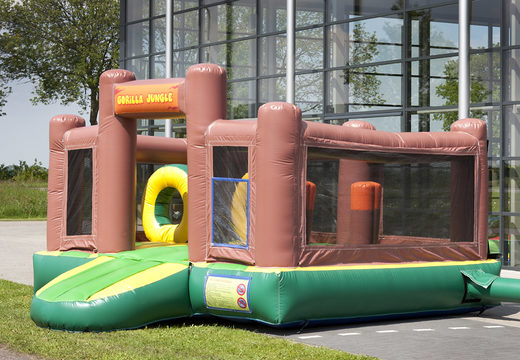 Inflatable multifunctional slide in gorilla theme with a splash pool, impressive 3D object, fresh colors and the 3D obstacles for kids. Buy inflatable slides now online at JB Inflatables America