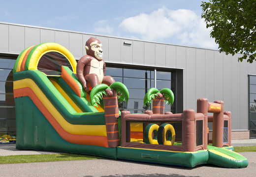 Gorilla themed multifunctional inflatable slide with a splash pool, impressive 3D object, fresh colors and the 3D obstacles for kids. Order inflatable slides now online at JB Inflatables America