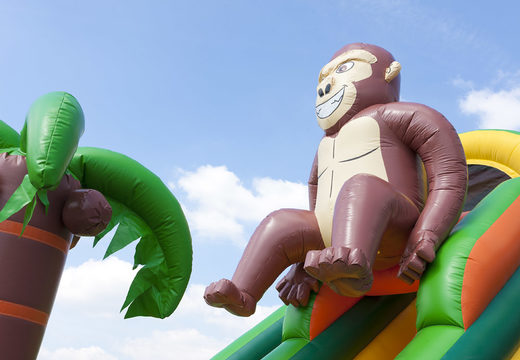 Buy a unique multifunctional gorilla-themed inflatable slide with a splash pool, impressive 3D object, fresh colors and the 3D obstacle for children. Order inflatable slides now online at JB Inflatables America