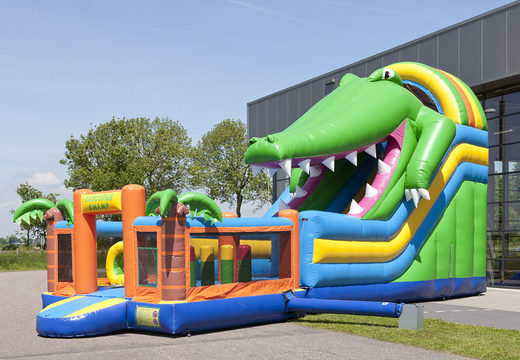 Get your inflatable multifunctional crocodile themed slide with a plunge pool, impressive 3D object, fresh colors and the 3D obstacles online now. Buy inflatable slides at JB Inflatables America